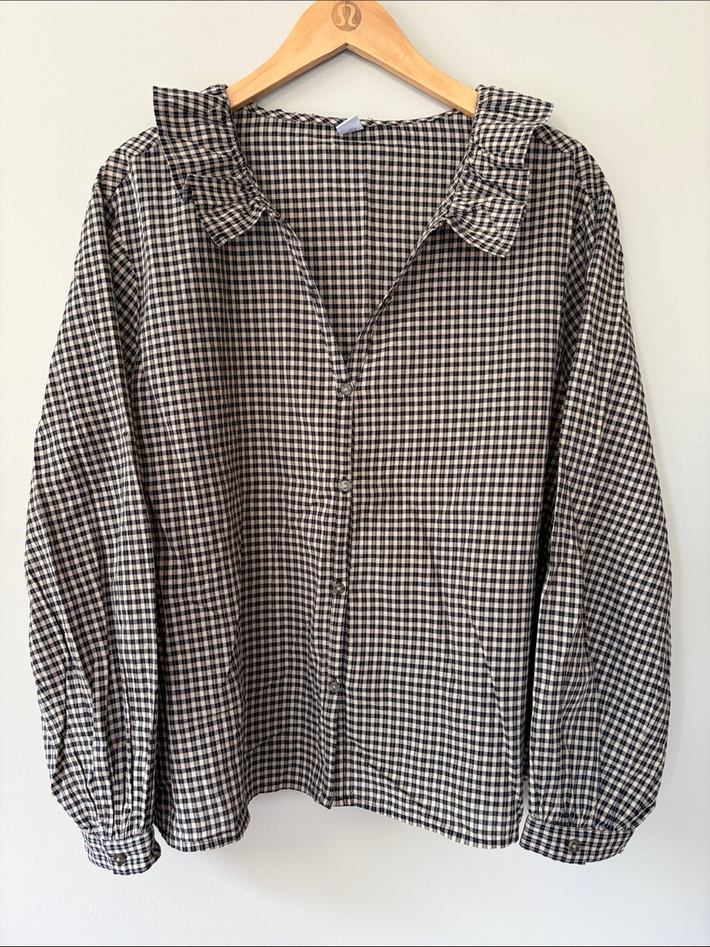 Old Navy Gingham Plaid Ruffle Collar Shirt Top Blouse Size XL NWOT Black Tan
